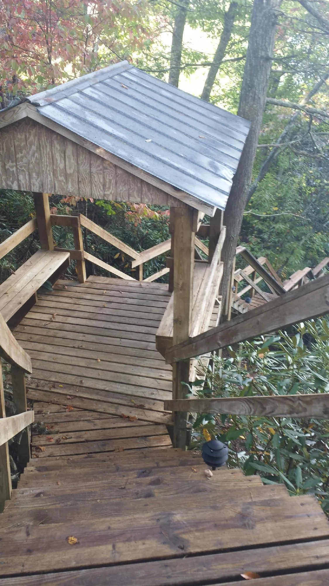 Metal roofed shelter over wooden steps on a wooded walkway — Skylight Repair & Installation work by our crew in Turney